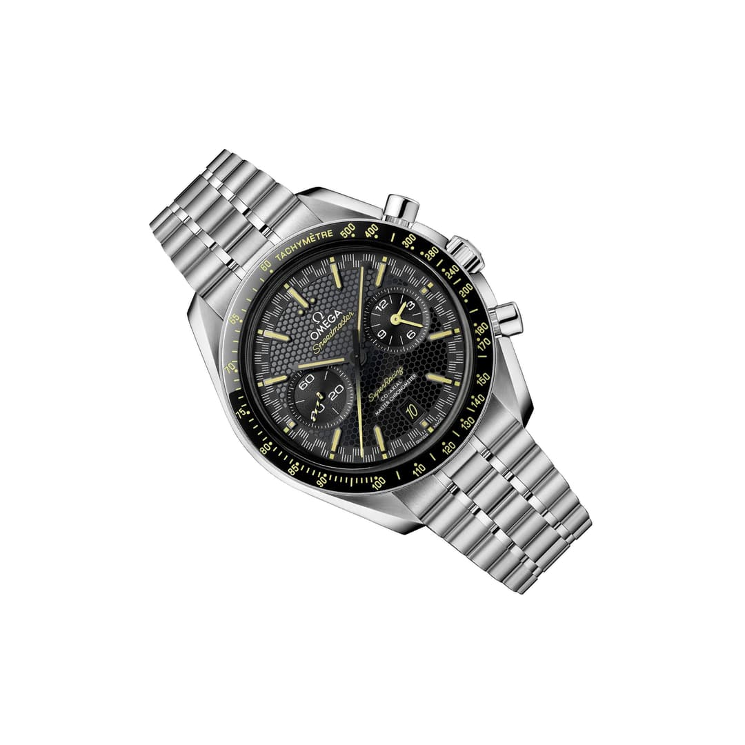 Omega Speedmaster Super Racing men's chronograph watch, 44.25mm stainless steel case, black dial with yellow accents – left angle view
