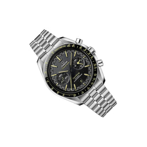 Omega Speedmaster Super Racing men's chronograph watch, 44.25mm stainless steel case, black dial with yellow accents – left angle view