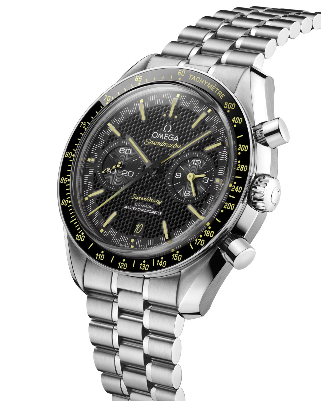 Omega Speedmaster Super Racing men's chronograph watch, 44.25mm stainless steel case, black dial with yellow accents – right angle view