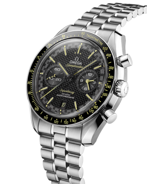 Omega Speedmaster Super Racing men's chronograph watch, 44.25mm stainless steel case, black dial with yellow accents – right angle view