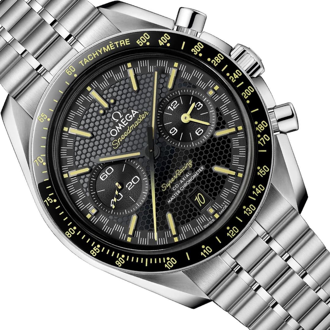 Omega Speedmaster Super Racing men's chronograph watch, 44.25mm stainless steel case, black dial with yellow accents – side angle view