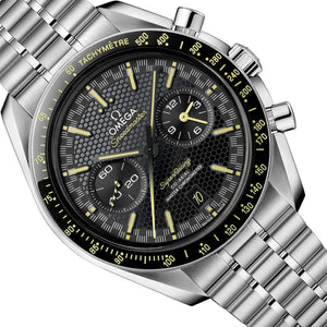 Omega Speedmaster Super Racing men's chronograph watch, 44.25mm stainless steel case, black dial with yellow accents – side angle view