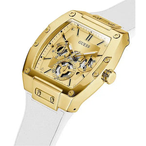 Side view of Guess GW0202G6 showing the polished gold crown and white strap