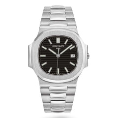 Patek Philippe Nautilus 40mm Men's Automatic Watch – Black Dial & Silver Stainless Steel Strap | ساعة باتيك فيليب نوتيلس رجالي مينا أسود