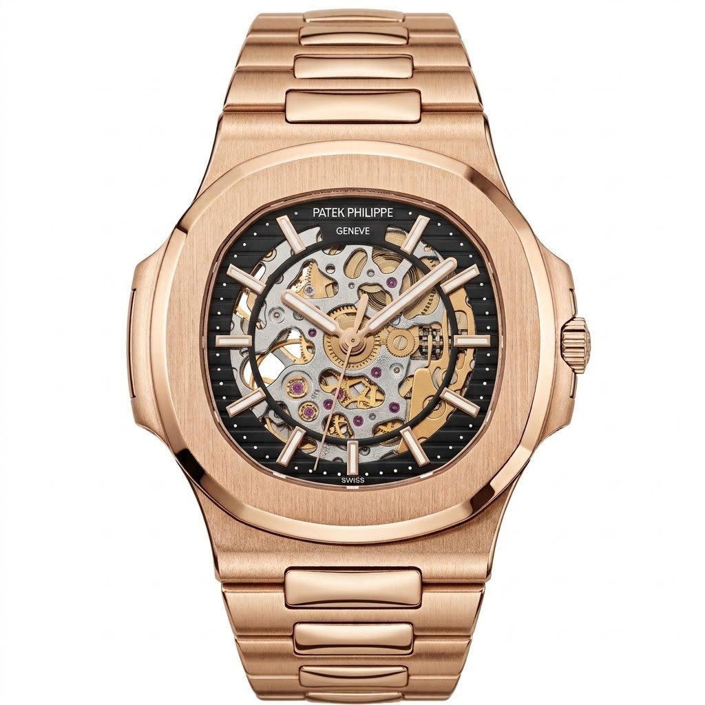 Patek Philippe Nautilus 40mm Men's Automatic Watch – Black Skeleton Dial & Rose Gold Strap – view 2