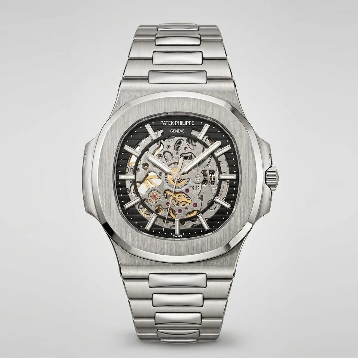 Patek Philippe Nautilus 40mm Men's Automatic Watch – Black Skeleton Dial & Silver Stainless Steel Strap | ساعة باتيك فيليب نوتيلس رجالي مينا أسود مفرغة