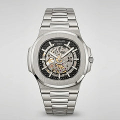 Patek Philippe Nautilus 40mm Men's Automatic Watch – Black Skeleton Dial & Silver Stainless Steel Strap | ساعة باتيك فيليب نوتيلس رجالي مينا أسود مفرغة