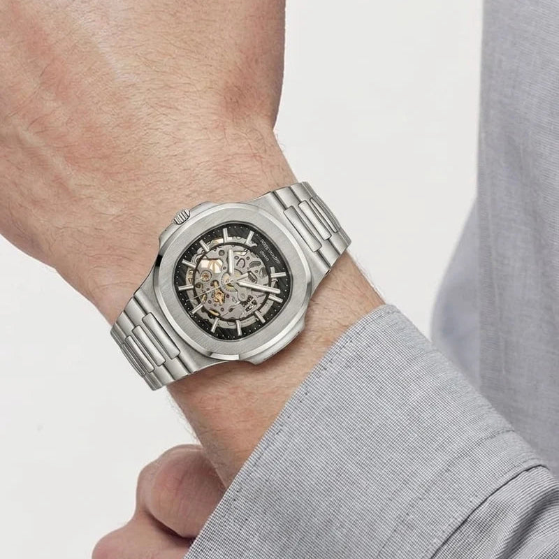 Patek Philippe Nautilus 40mm Men's Automatic Watch – Black Skeleton Dial & Silver Stainless Steel Strap – view 4