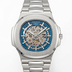 Patek Philippe Nautilus 40mm Men's Automatic Watch – Blue Skeleton Dial & Silver Stainless Steel Strap | ساعة باتيك فيليب نوتيلس رجالي مينا أزرق مفرغة