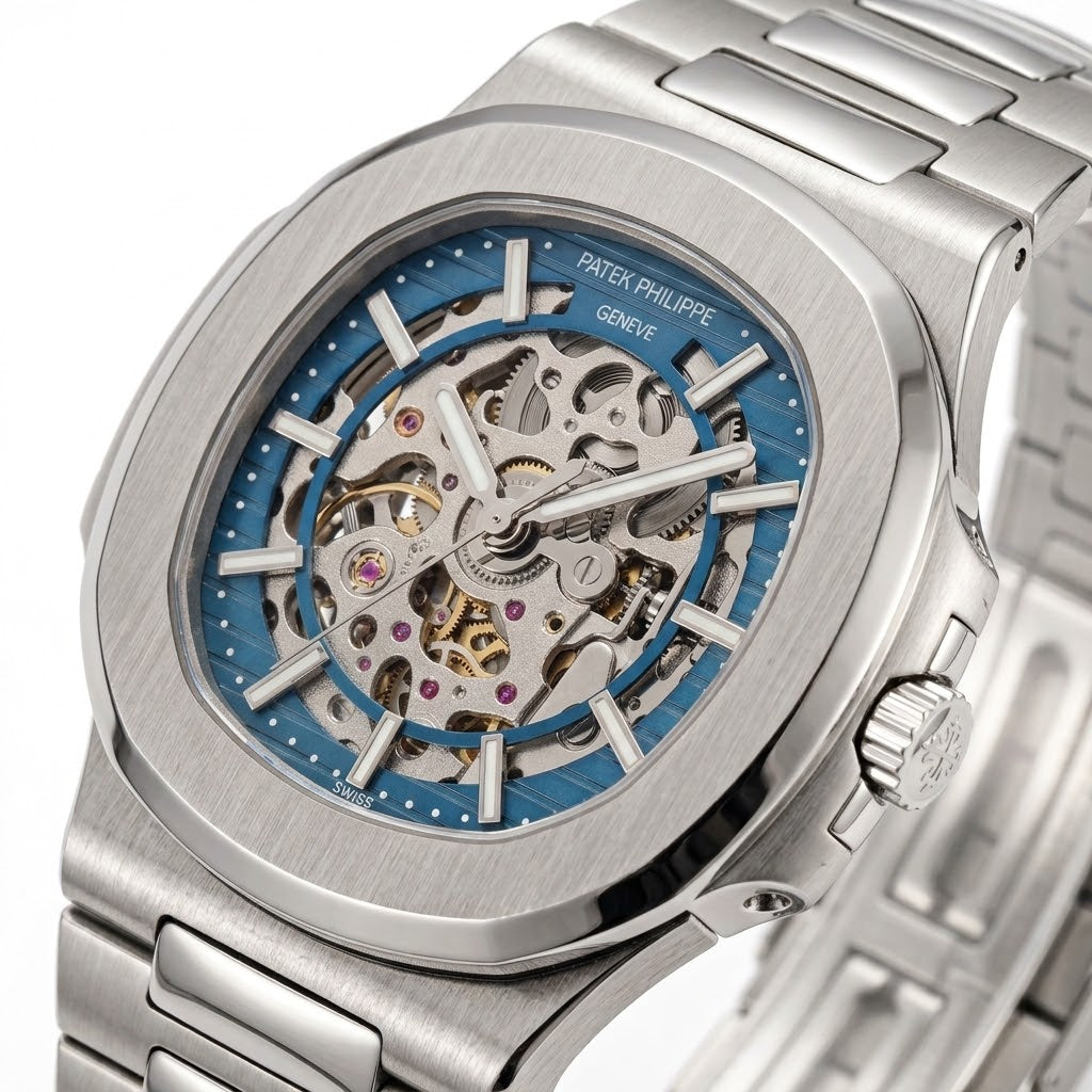 Patek Philippe Nautilus 40mm Men's Automatic Watch – Blue Skeleton Dial & Silver Stainless Steel Strap – view 4