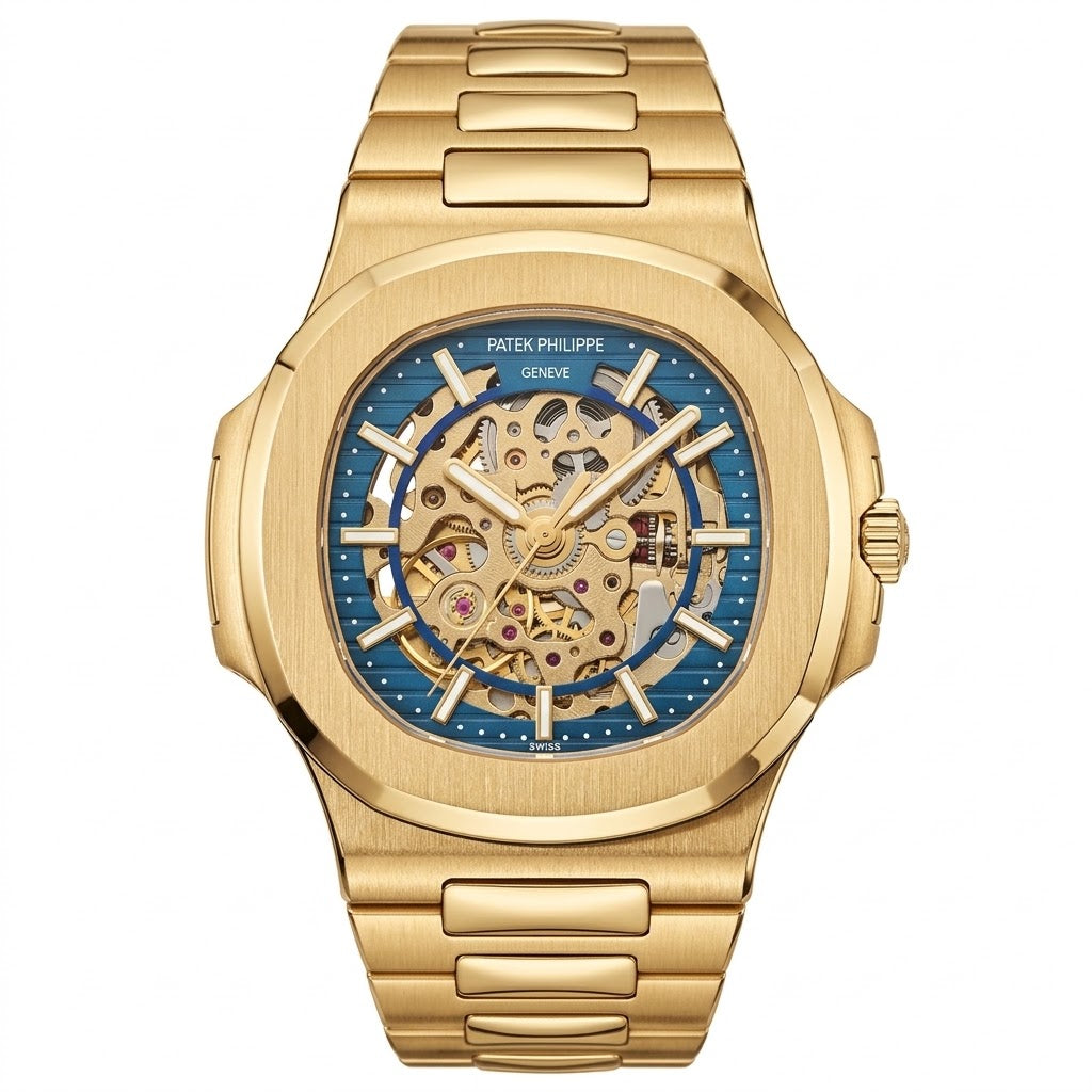 Patek Philippe Nautilus 40mm Men's Automatic Watch – Blue Skeleton Dial & Yellow Gold Strap | ساعة باتيك فيليب نوتيلس رجالي مينا أزرق مفرغة