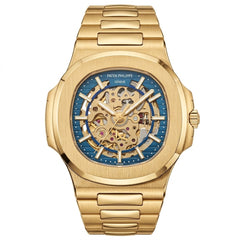 Patek Philippe Nautilus 40mm Men's Automatic Watch – Blue Skeleton Dial & Yellow Gold Strap | ساعة باتيك فيليب نوتيلس رجالي مينا أزرق مفرغة