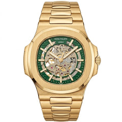 Patek Philippe Nautilus 40mm Men's Automatic Watch – Green Skeleton Dial & Yellow Gold Strap | ساعة باتيك فيليب نوتيلس رجالي مينا أخضر مفرغة