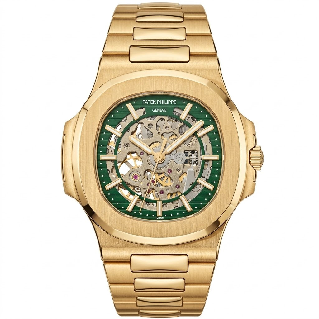 Patek Philippe Nautilus 40mm Men's Automatic Watch – Green Skeleton Dial & Yellow Gold Strap – view 2