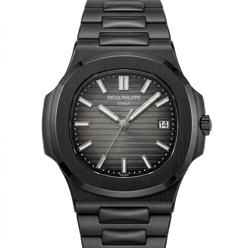 Patek Philippe Nautilus 40mm Men's Automatic Watch – Grey Gradient Dial & Black Strap | ساعة باتيك فيليب نوتيلس رجالي مينا رمادي