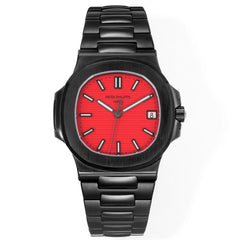 Patek Philippe Nautilus 40mm Men's Automatic Watch – Red Dial & Black Strap | ساعة باتيك فيليب نوتيلس رجالي مينا أحمر