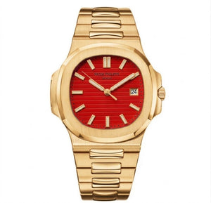 Patek Philippe Nautilus 40mm Men's Automatic Watch – Red Dial & Yellow Gold Strap | ساعة باتيك فيليب نوتيلس رجالي مينا أحمر