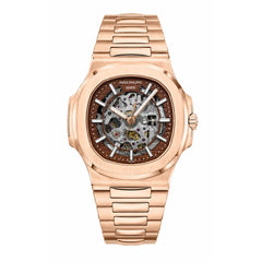 Patek Philippe Nautilus 40mm Men's Automatic Watch – Red Skeleton Dial & Rose Gold Strap | ساعة باتيك فيليب نوتيلس رجالي مينا أحمر مفرغة