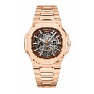 Patek Philippe Nautilus 40mm Men's Automatic Watch – Red Skeleton Dial & Rose Gold Strap | ساعة باتيك فيليب نوتيلس رجالي مينا أحمر مفرغة