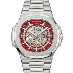 Patek Philippe Nautilus 40mm Men's Automatic Watch – Red Skeleton Dial & Silver Stainless Steel Strap | ساعة باتيك فيليب نوتيلس رجالي مينا أحمر مفرغة