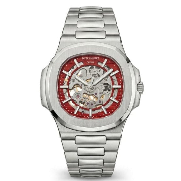 Patek Philippe Nautilus 40mm Men's Automatic Watch – Red Skeleton Dial & Silver Stainless Steel Strap