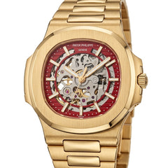 Patek Philippe Nautilus 40mm Men's Automatic Watch – Red Skeleton Dial & Yellow Gold Strap | ساعة باتيك فيليب نوتيلس رجالي مينا أحمر مفرغة