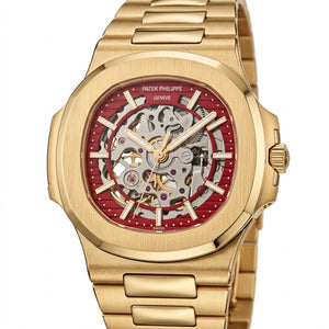 Patek Philippe Nautilus 40mm Men's Automatic Watch – Red Skeleton Dial & Yellow Gold Strap | ساعة باتيك فيليب نوتيلس رجالي مينا أحمر مفرغة