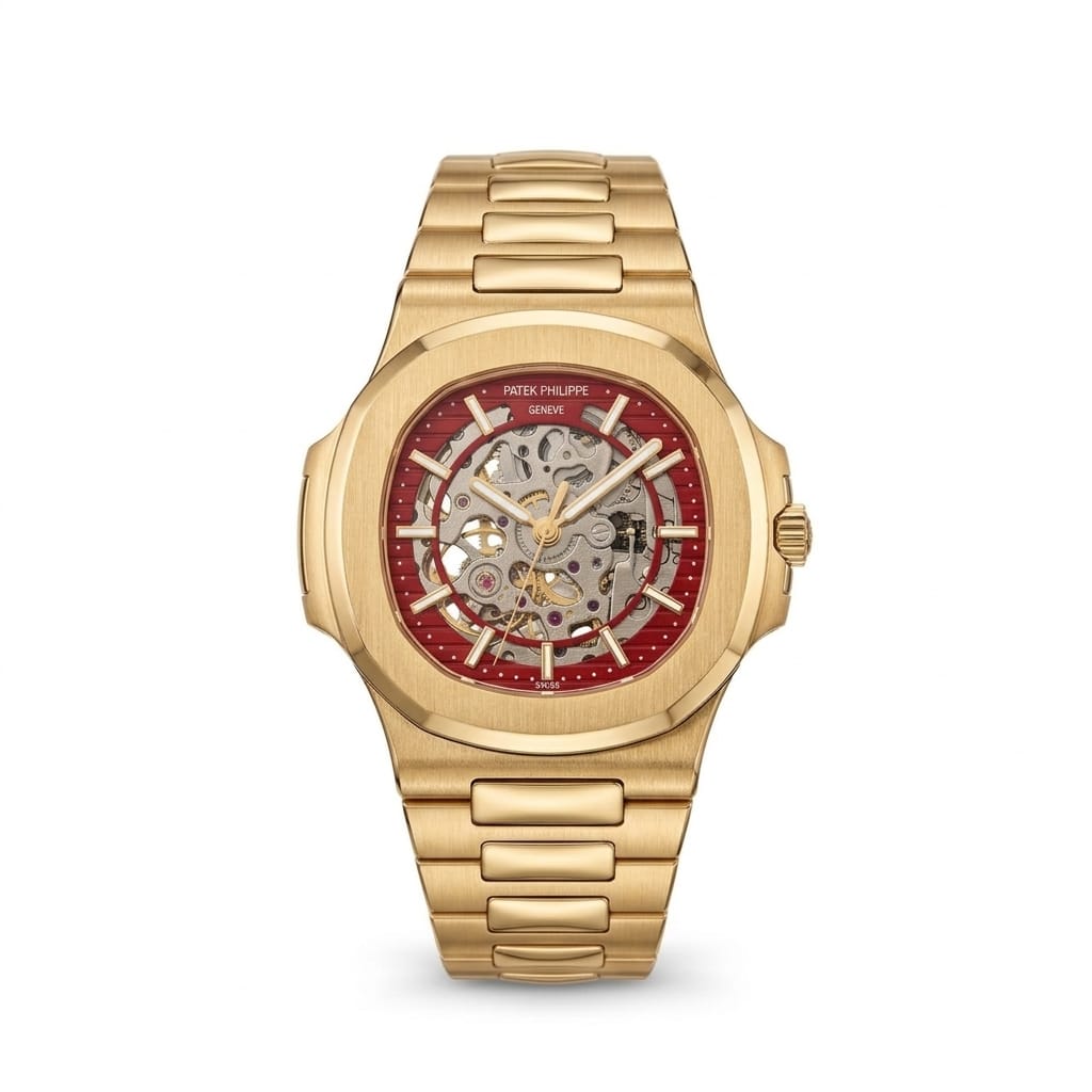 Patek Philippe Nautilus 40mm Men's Automatic Watch – Red Skeleton Dial & Yellow Gold Strap – view 2