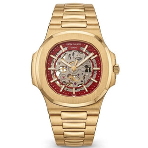 Patek Philippe Nautilus 40mm Men's Automatic Watch – Red Skeleton Dial & Yellow Gold Strap