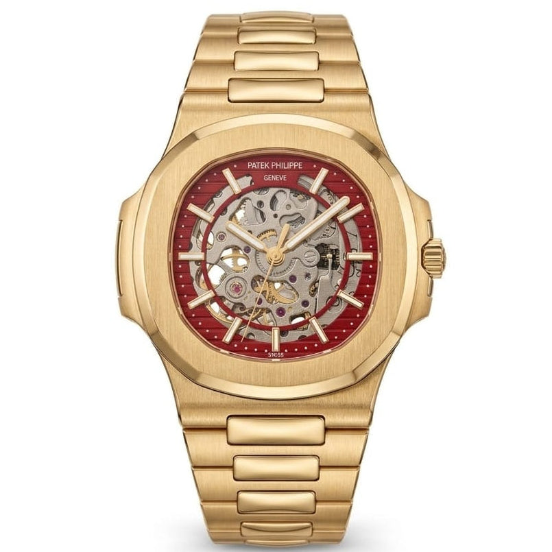 Patek Philippe Nautilus 40mm Men's Automatic Watch – Red Skeleton Dial & Yellow Gold Strap