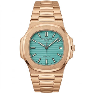Patek Philippe Nautilus 40mm Men's Automatic Watch – Tiffany Blue Dial & Rose Gold Strap | ساعة باتيك فيليب نوتيلس رجالي مينا تيفاني