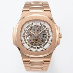 Patek Philippe Nautilus 40mm Men's Automatic Watch – White Skeleton Dial & Rose Gold Strap | ساعة باتيك فيليب نوتيلس رجالي مينا أبيض مفرغة