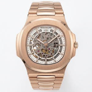 Patek Philippe Nautilus 40mm Men's Automatic Watch – White Skeleton Dial & Rose Gold Strap | ساعة باتيك فيليب نوتيلس رجالي مينا أبيض مفرغة