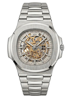 Patek Philippe Nautilus 40mm Men's Automatic Watch – White Skeleton Dial & Silver Stainless Steel Strap | ساعة باتيك فيليب نوتيلس رجالي مينا أبيض مفرغة