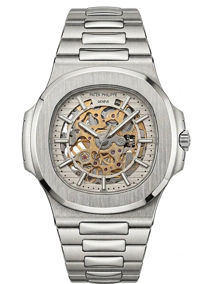 Patek Philippe Nautilus 40mm Men's Automatic Watch – White Skeleton Dial & Silver Stainless Steel Strap | ساعة باتيك فيليب نوتيلس رجالي مينا أبيض مفرغة