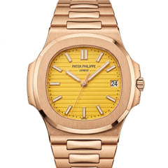 Patek Philippe Nautilus 40mm Men's Automatic Watch – Yellow Dial & Rose Gold Strap | ساعة باتيك فيليب نوتيلس رجالي مينا أصفر