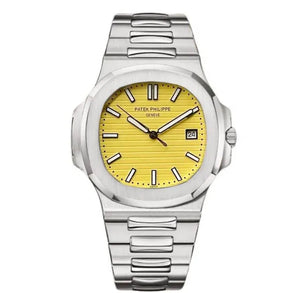 Patek Philippe Nautilus 40mm Men's Automatic Watch – Yellow Dial & Silver Stainless Steel Strap | ساعة باتيك فيليب نوتيلس رجالي مينا أصفر