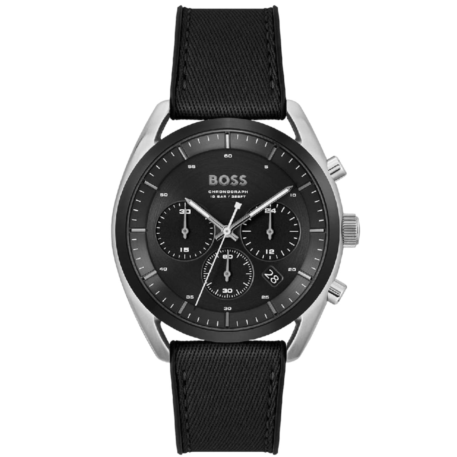 Hugo Boss Top 1514091 men's watch with black sunray dial, black hybrid rubber textile strap, and 100m water resistance main view