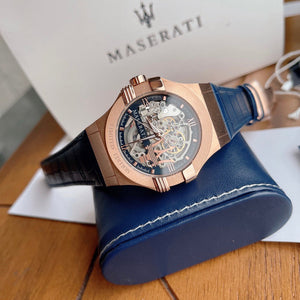 Detailed view of rose gold-tone crown on Maserati Potenza Limited Edition R8821108022 automatic watch with skeleton dial