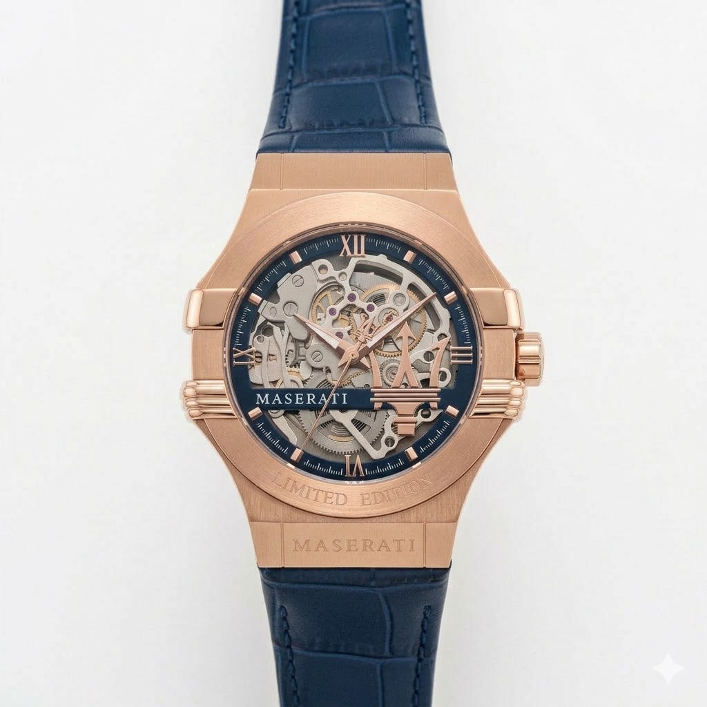 Maserati Potenza Limited Edition R8821108022 men's automatic watch with skeleton dial, rose gold-tone case, blue alligator-pattern leather strap main view