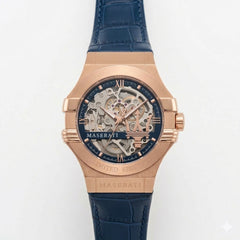 Maserati Potenza Limited Edition R8821108022 men's automatic watch with skeleton dial, rose gold-tone case, blue alligator-pattern leather strap main view