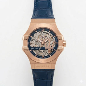 Maserati Potenza Limited Edition R8821108022 men's automatic watch with skeleton dial, rose gold-tone case, blue alligator-pattern leather strap main view