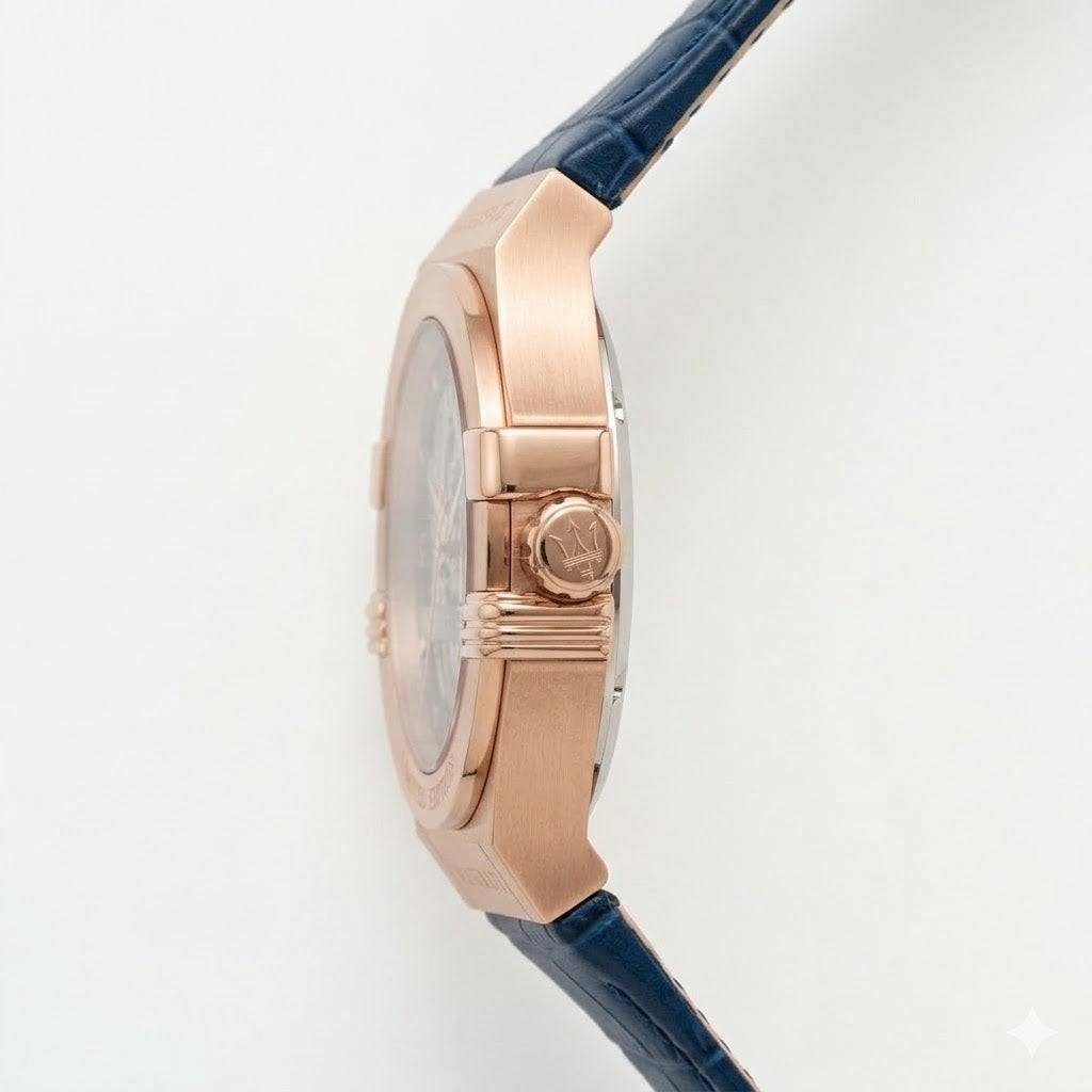 Side profile of Maserati Potenza Limited Edition R8821108022 automatic watch showing 13mm thickness and rose gold finish
