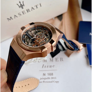 Side profile of Maserati Potenza Limited Edition R8821108022 automatic watch showing 13mm thickness and rose gold finish