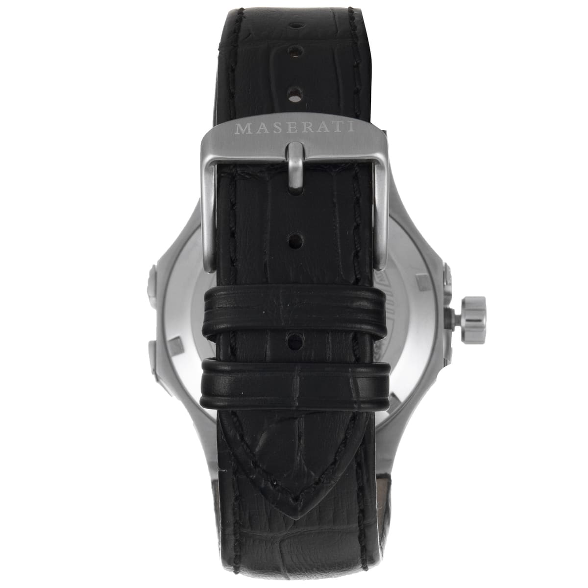 Silver-tone buckle clasp on Maserati Potenza R8821108031 men's automatic black leather strap watch