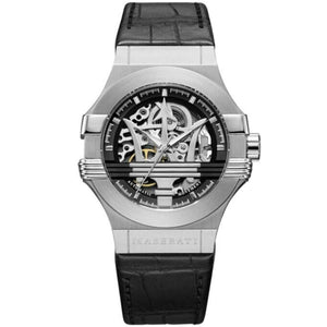 Maserati Potenza R8821108031 men's automatic watch with black skeleton dial, silver-tone case, black leather strap main view