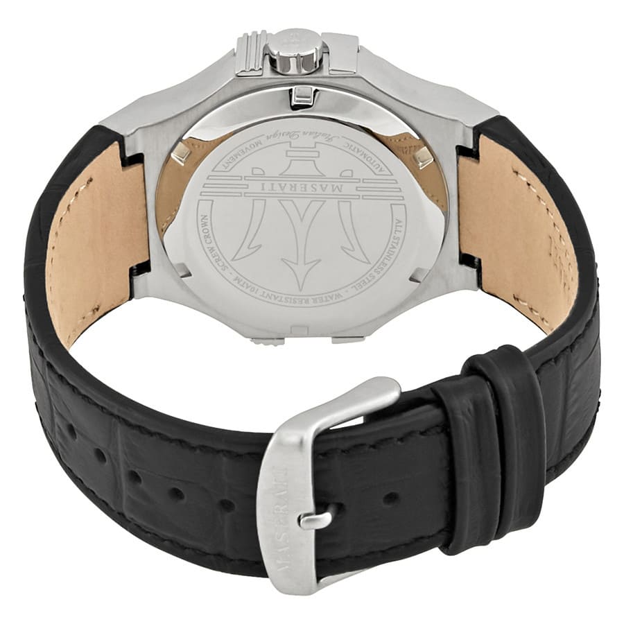 See-through caseback of Maserati Potenza R8821108031 men's automatic watch showing mechanical movement and leather strap