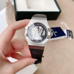Live photo of Maserati Potenza R8821108031 men's automatic watch showing actual silver finish and deep skeleton dial