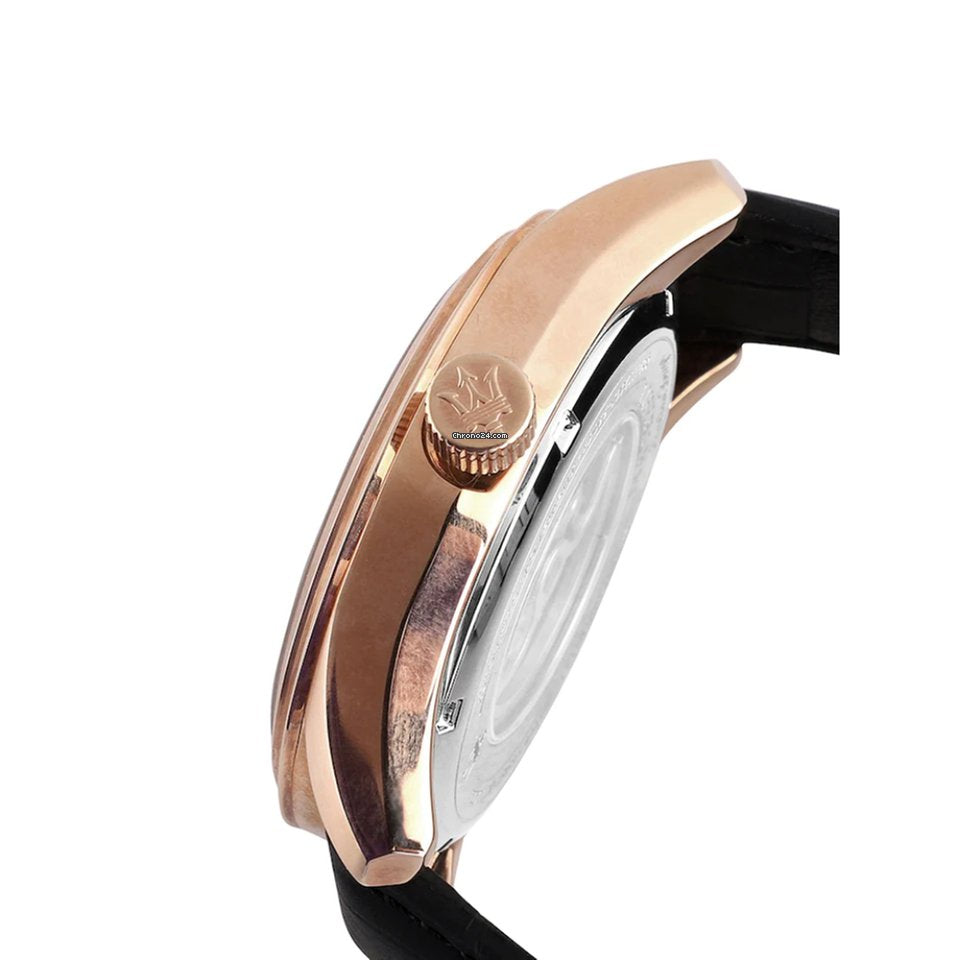 Right angled view of Maserati Epoca R8821118001 automatic watch highlighting rose gold finish and movement details