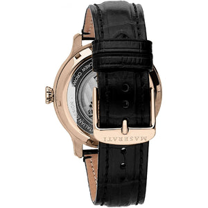 Rose gold-tone buckle clasp on Maserati Epoca R8821118001 automatic black leather strap watch